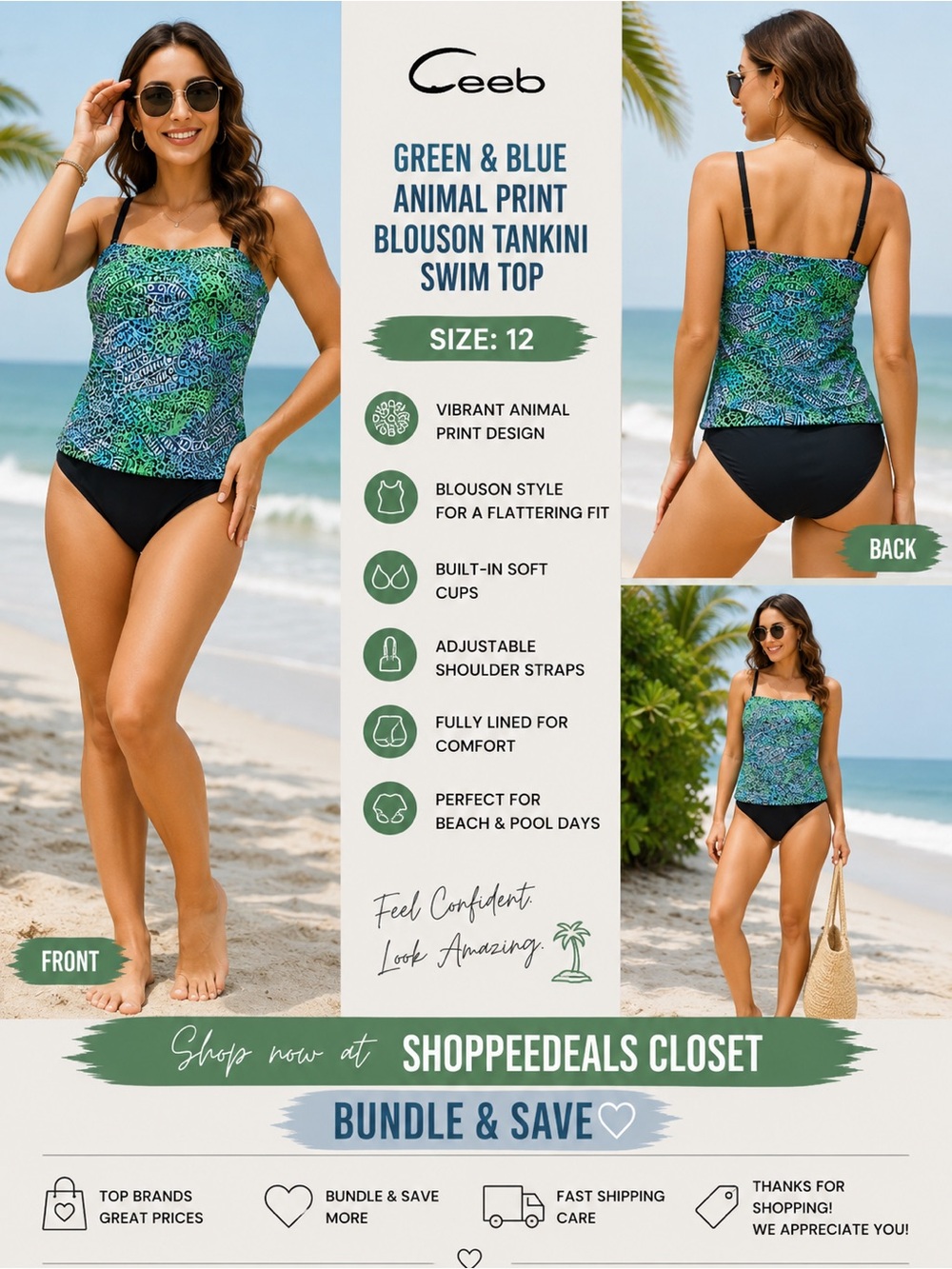 Ceeb Green & Blue Animal Print Blouson Tankini Swimsuit Top – Women’s Size 12